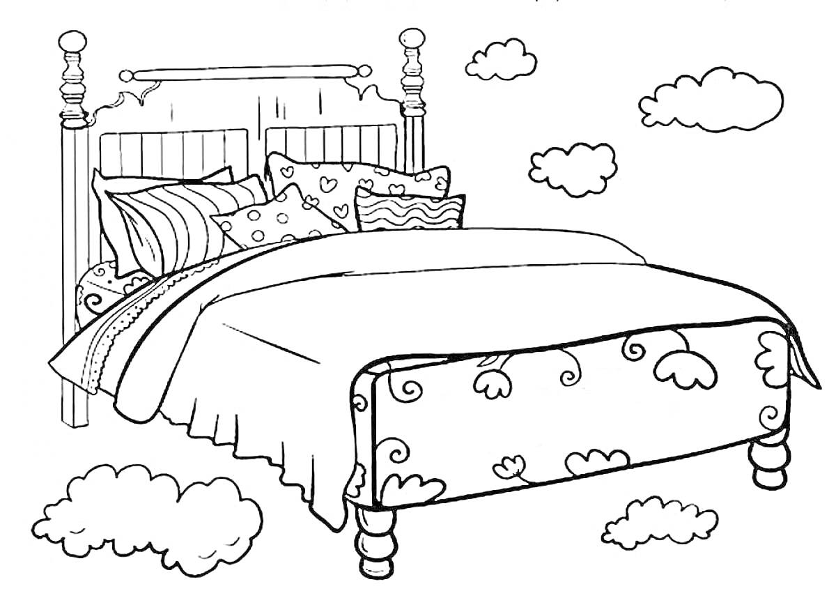 На раскраске изображено: Одеяло, Облака, Мебель, Расслабление, Спальня, Подушка, Кровати