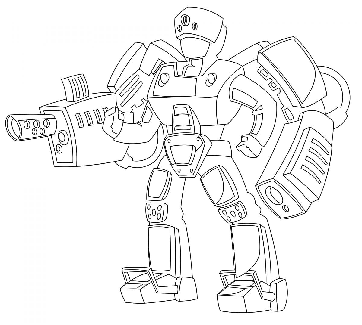 На раскраске изображено: Робот, Оружие, Броня, Боевой робот, Механика, Лазер, Защита