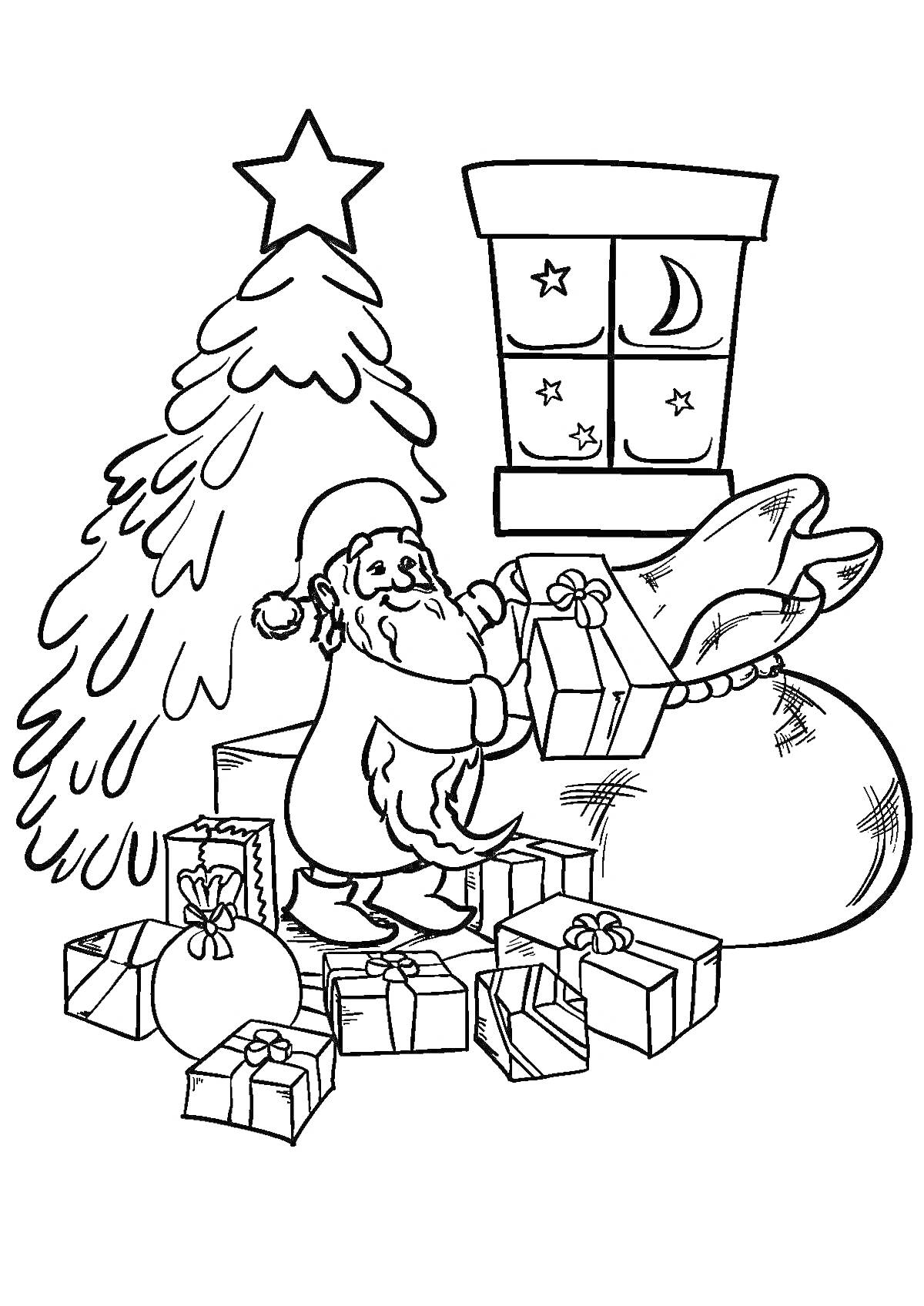Раскраска Санта в процессе упаковки новогодних подарков у ёлки, рядом с мешком подарков и под окном с видом на луну и звёзды