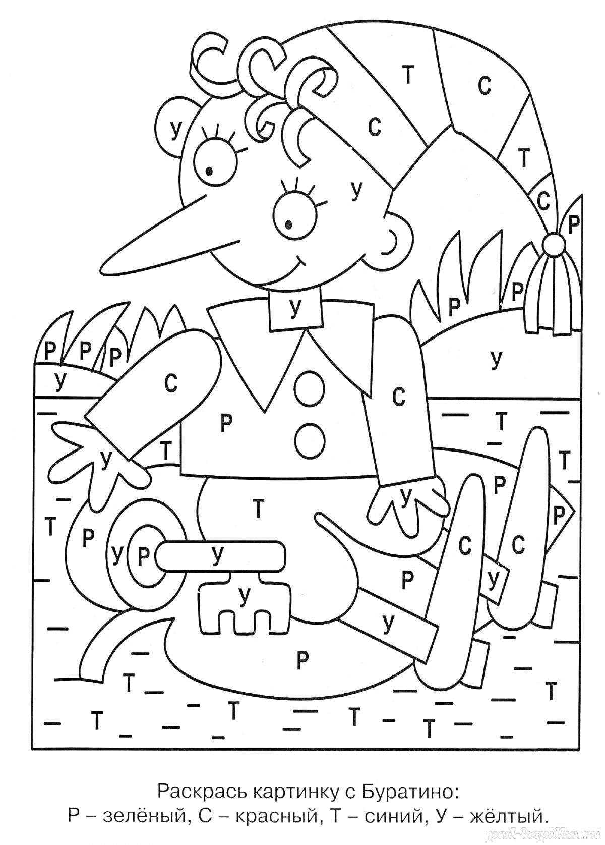 Раскраска Раскраска с Буратино в шляпе и жилете с пуговицами, с ключом в руках, сидящий на траве