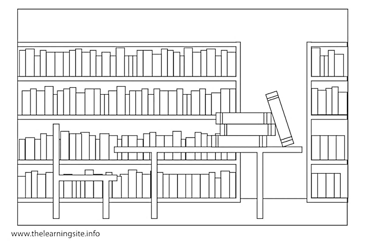 Раскраска Библиотека с книжными полками, столом с книгами и стулом