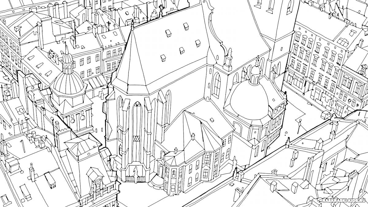 Раскраска Города антистресс - Панорамный вид на историческую часть города с церковью и зданиями