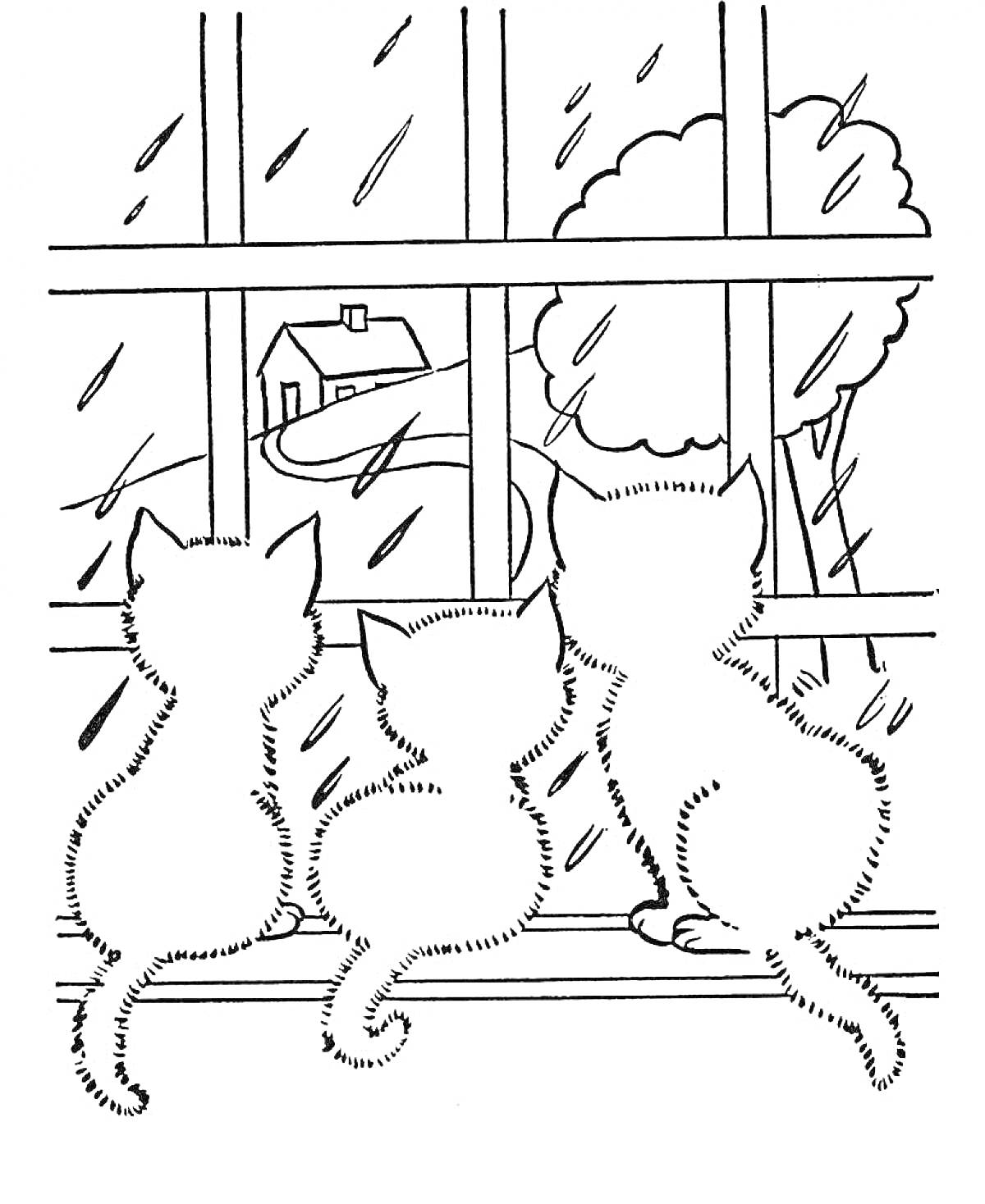 Раскраска Три котенка смотрят в окно, за которым идет дождь, домик и большое дерево на заднем плане