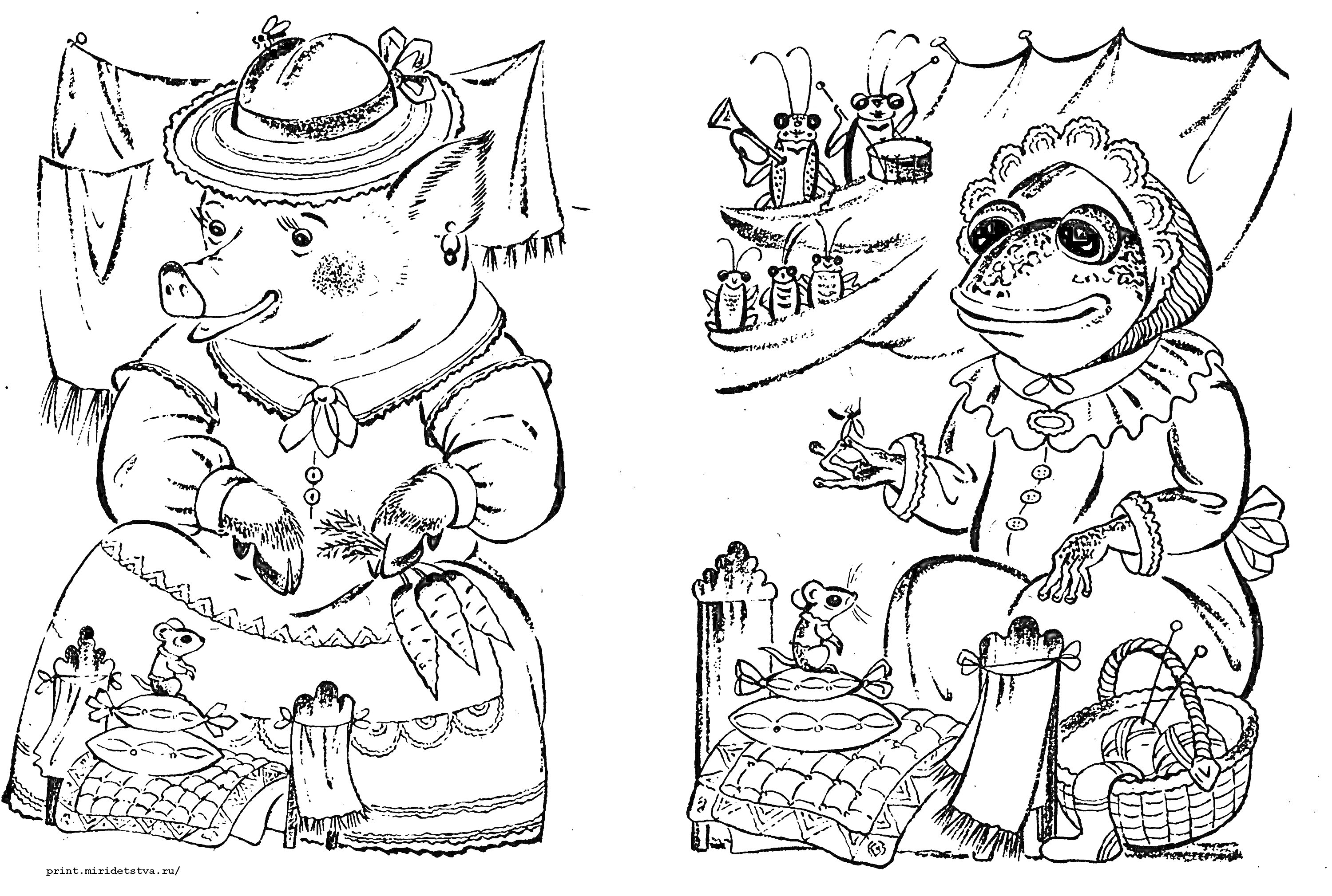 Раскраска Поросёнок и лягушка за столом с мышонком, задний план - вешалка с бельём и фотографии