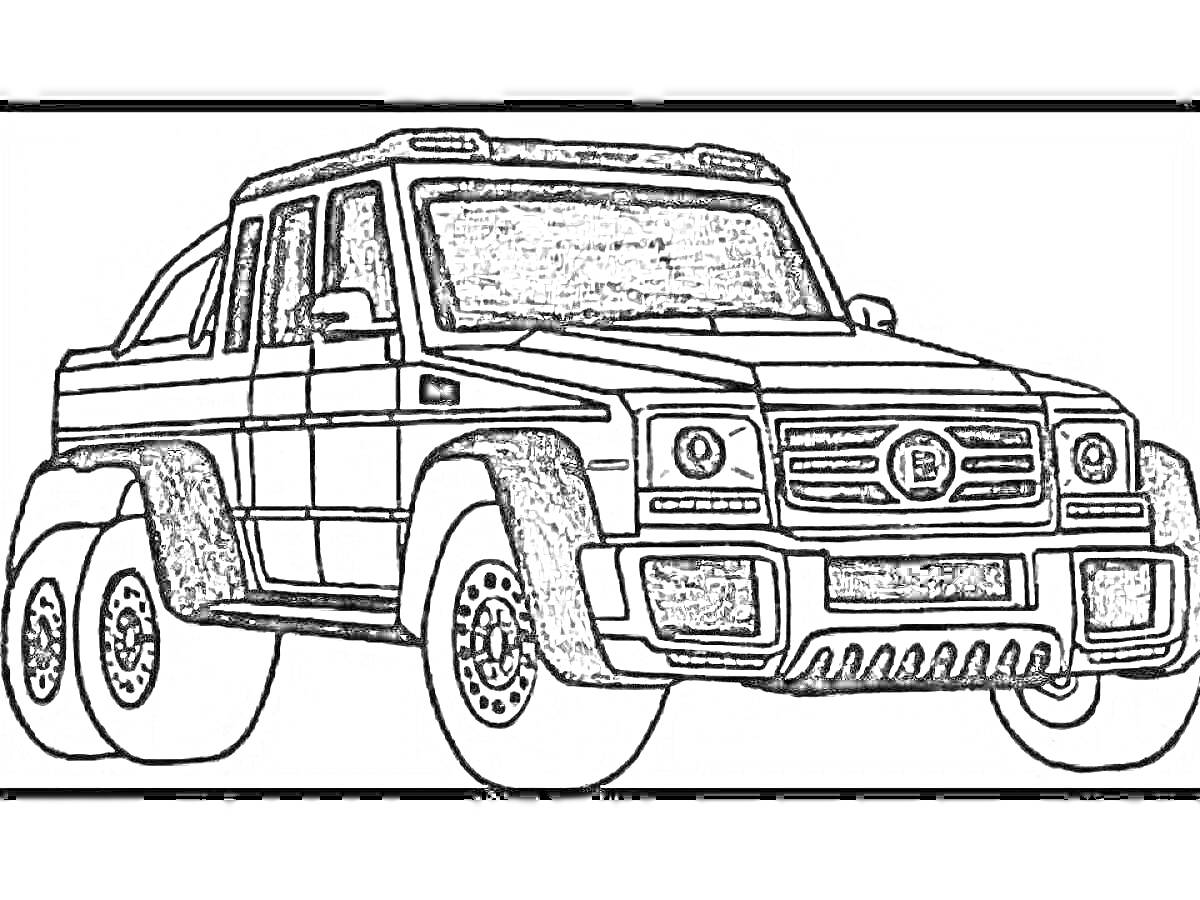 На раскраске изображено: Для детей, Шесть колес, SUV, Внедорожник