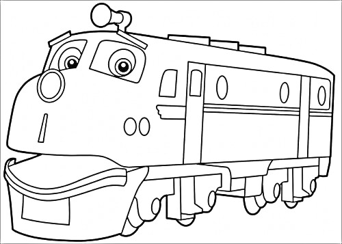 На раскраске изображено: Поезд, Железная дорога, Транспорт, Персонаж, Из мультфильмов, Вагоны