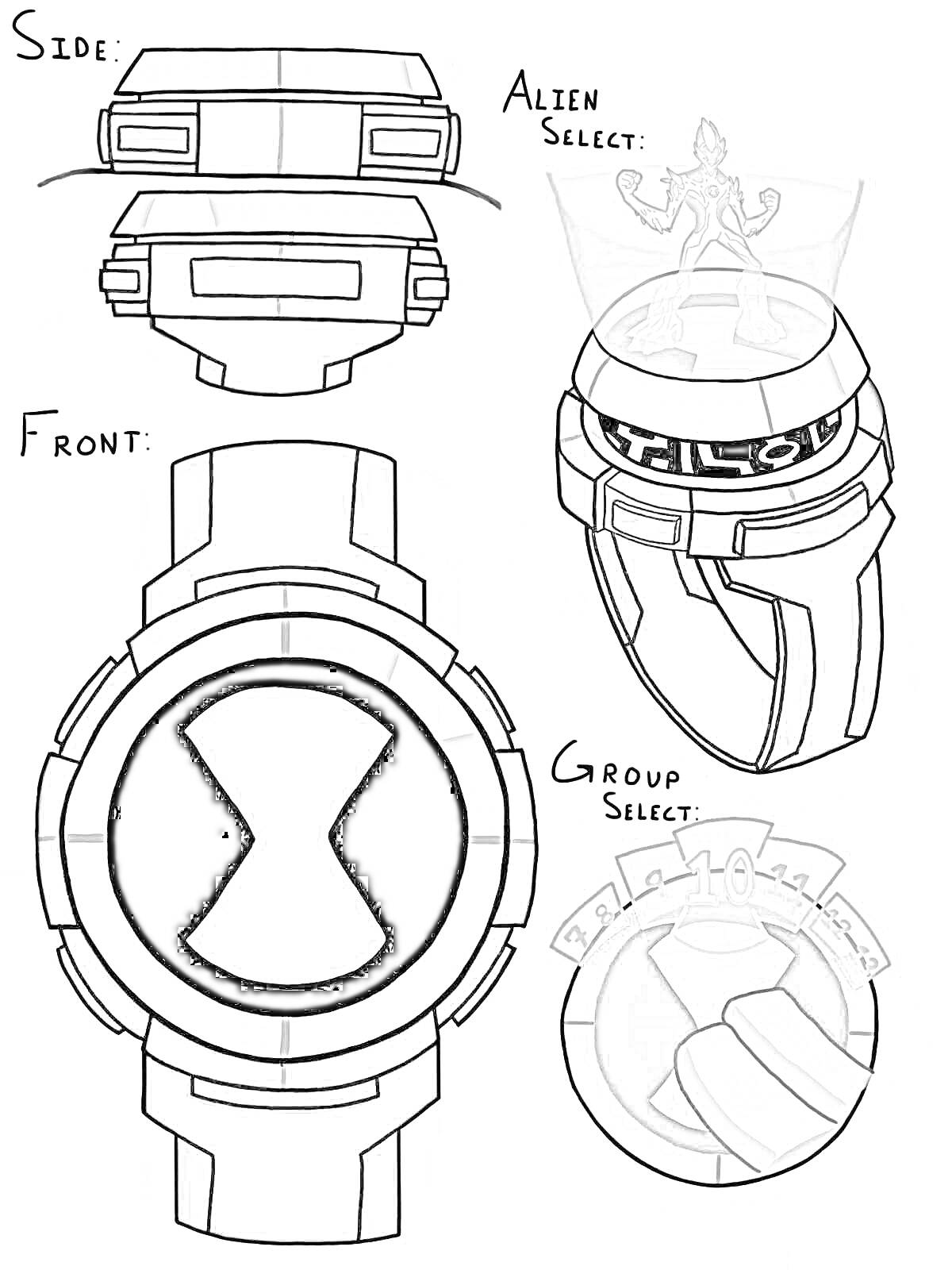 Раскраска Часы Омнитрикс с режимами Alien Select и Group Select