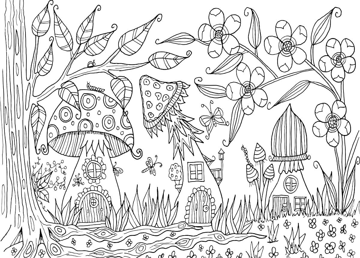Раскраска Сказочный лес с домиками-грибами и цветами
