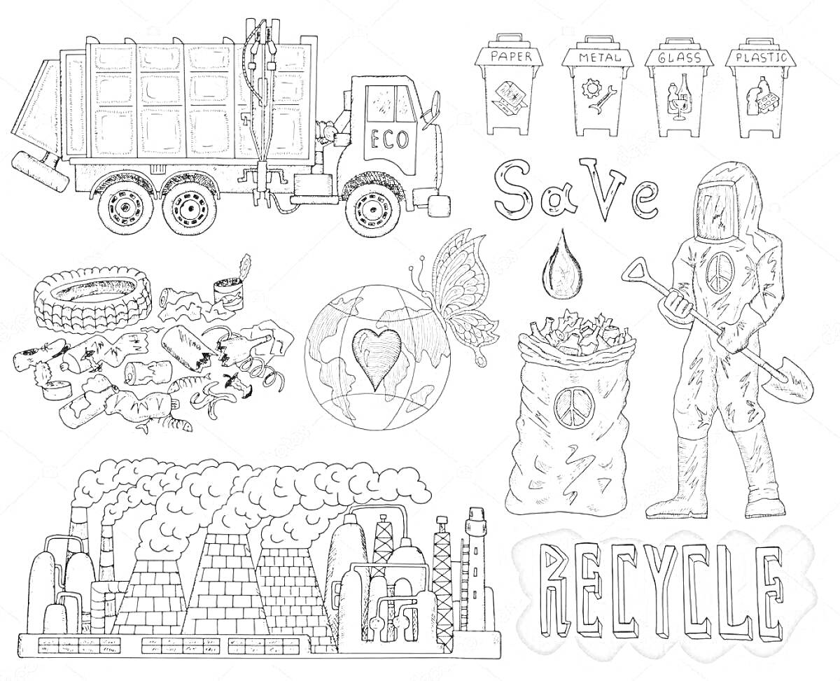 Раскраска Раздельный сбор мусора: мусоровоз, переработка, промышленные заводы, разные виды мусорных контейнеров, загрязнение, земля, переработка шин, рабочие в защитных костюмах, слова 