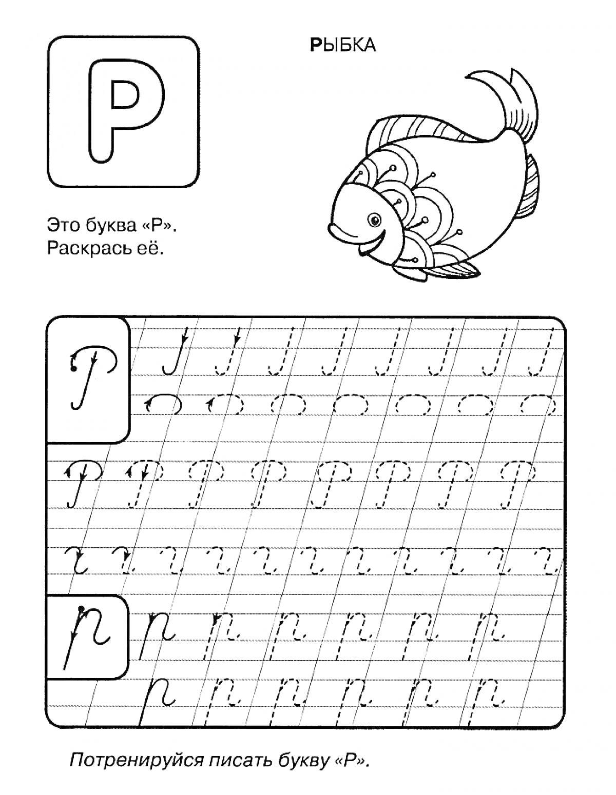 Пропись буквы Р с картинкой рыбки