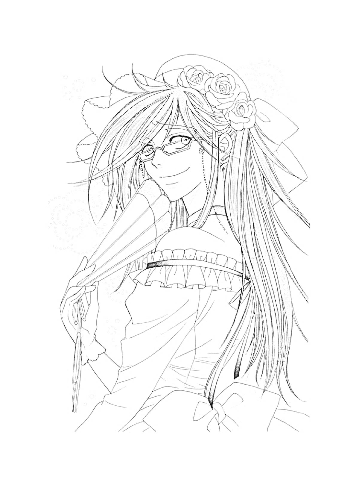 Раскраска Персонаж в платье с веером и длинными волосами, в очках и с повязкой с розами