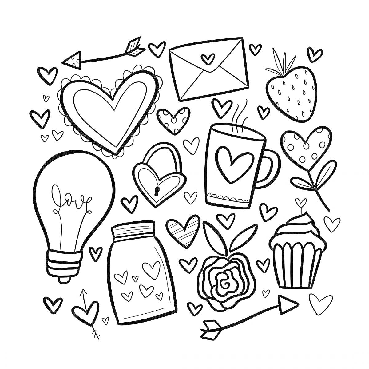 Коллекция мини-наклеек: лампочка, сердце с наконечником от стрелы, открытка, клубника, кружка с сердцем, обычное сердце,цветок, замок с ключом, кекс, банка с сердечками, стрела, листочек, маленькие сердечки