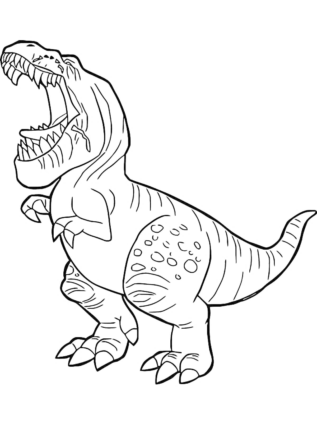 На раскраске изображено: Динозавр, Пасть, Зубы, Задние лапы, Контурные рисунки, Тираннозавр Рекс, Древние животные