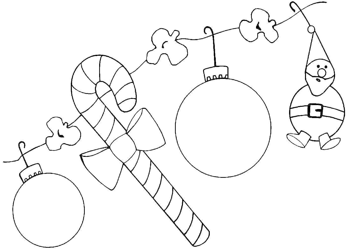 На раскраске изображено: Гирлянда, Трость, Новогодние украшения