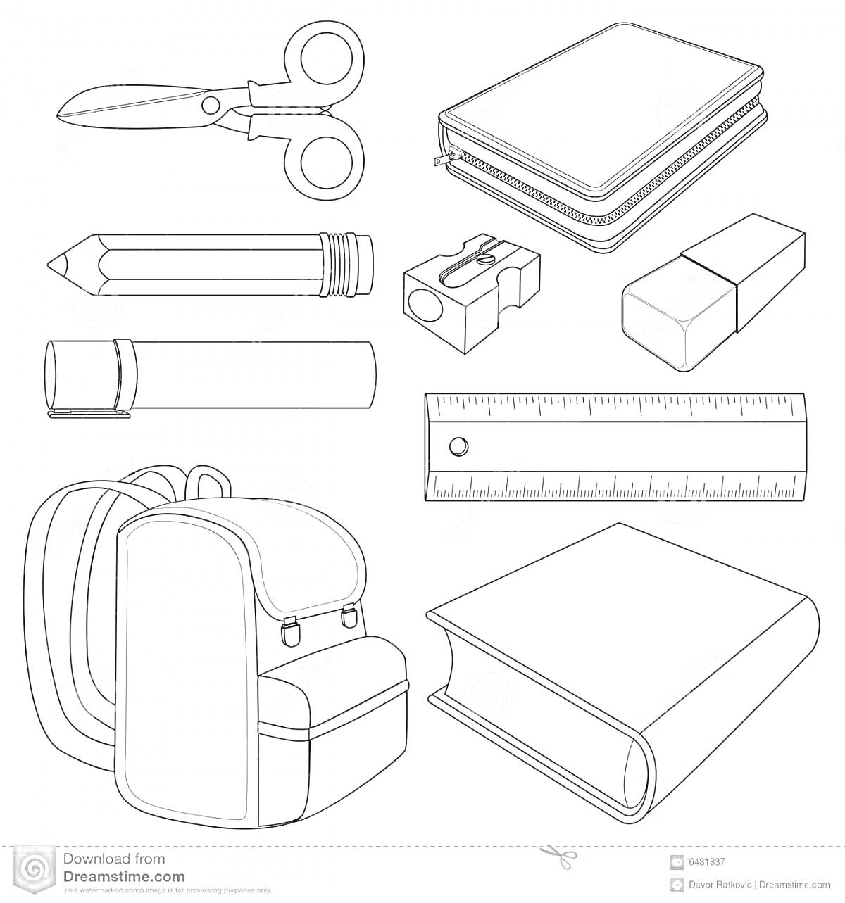 На раскраске изображено: Ножницы, Блокнот, Карандаши, Точилка, Ластик, Линейка, Рюкзак, Книга, Учебные принадлежности, Школьные принадлежности