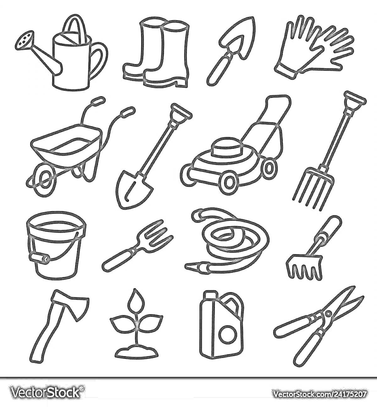 На раскраске изображено: Лейка, Сапоги, Перчатки, Газонокосилка, Вилы, Шланг, Грабли, Саженец, Канистра, Секатор, Садовый инвентарь, Сад