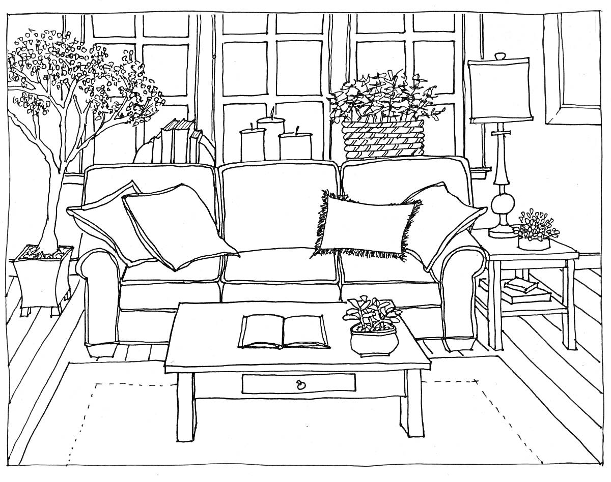 Раскраска Гостиная с диваном, подушками, кофейным столиком, книгой и растениями