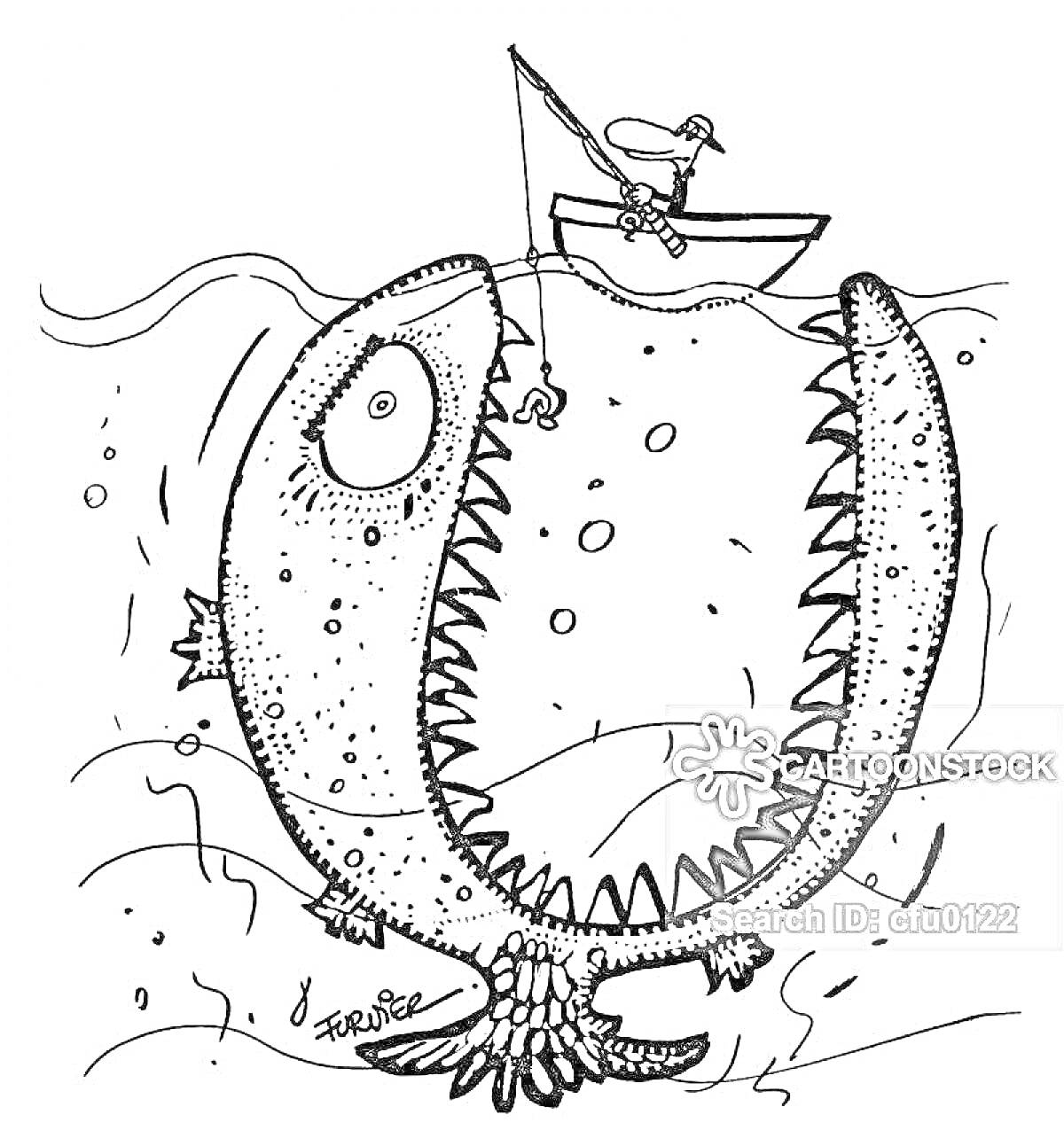 На раскраске изображено: Левиафан, Рыба, Большой рот, Зубы, Лодка, Рыбалка, Море, Волны, Удочка, Рыбак