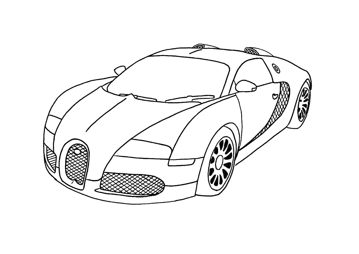 Линия изображения спортивного автомобиля Bugatti с деталями кузова и колес