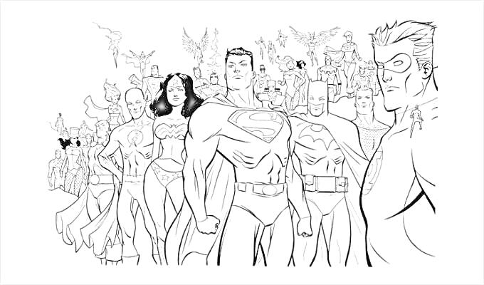 Супергерои в строю. Группа героев в костюмах, супергеройские эмблемы, разные позы и выражения лиц, детали костюмов и аксессуаров.