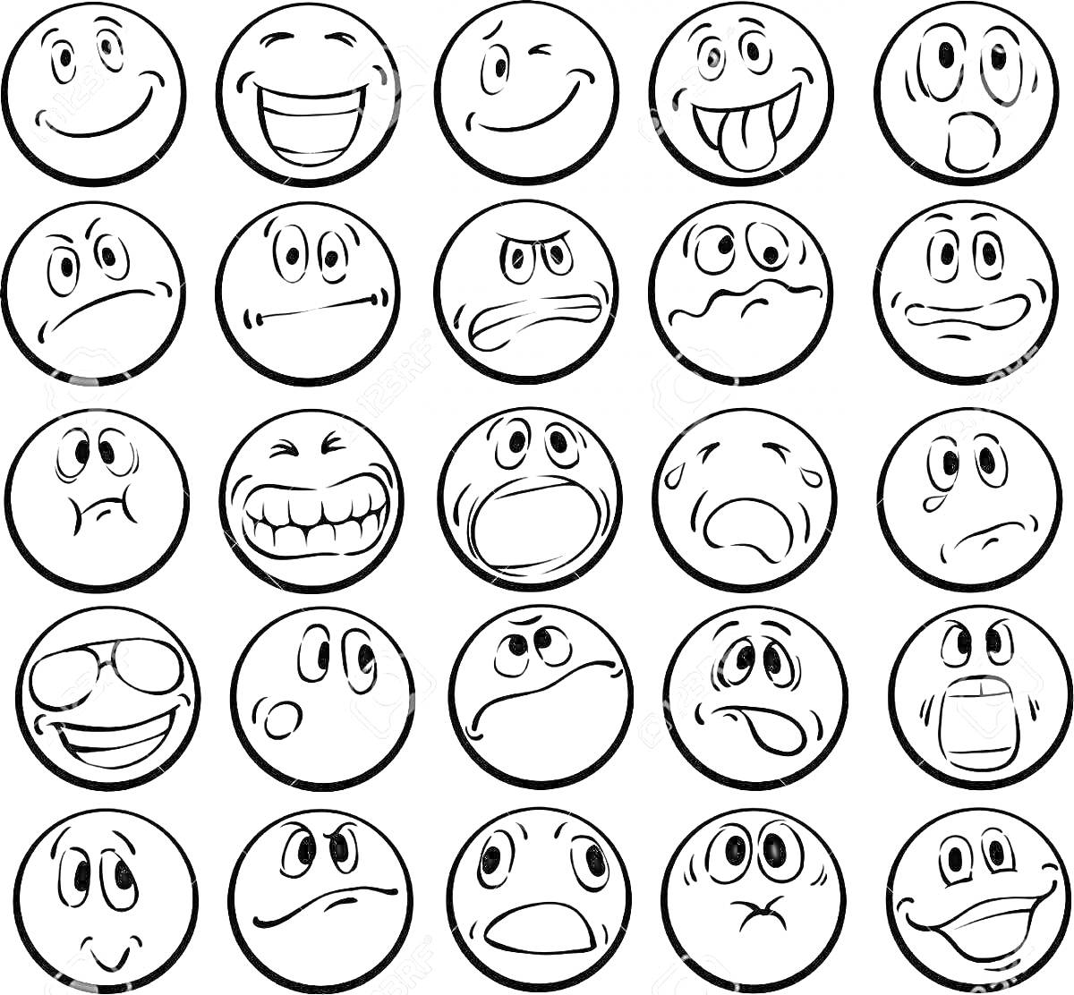 Раскраска Смайлики с разными выражениями лиц