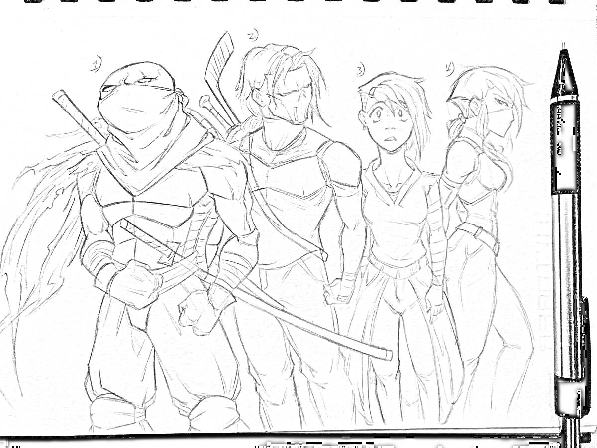 Раскраска Черепашки-ниндзя с мечами и двумя девушками из Караи