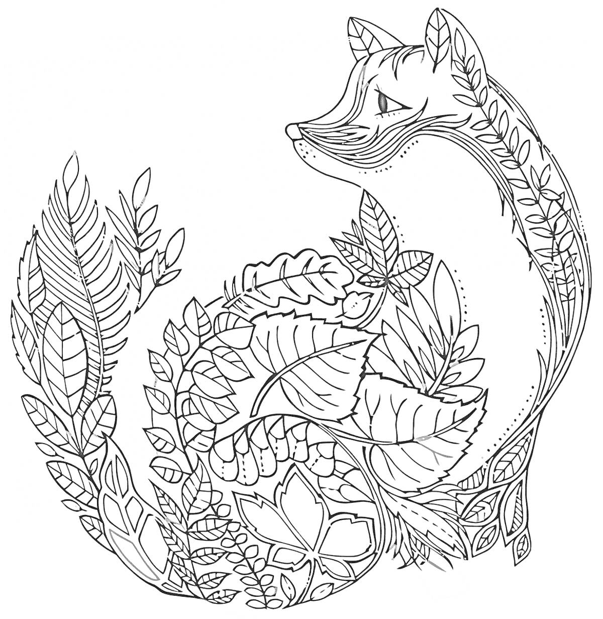 Раскраска Лиса с листьями и цветами антистресс-раскраска