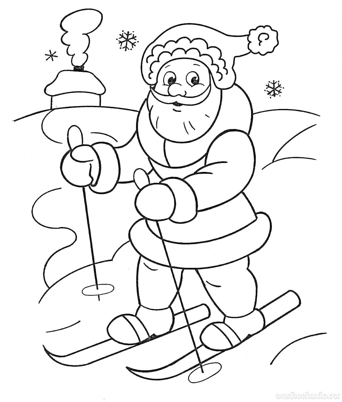 Раскраска Дед Мороз на лыжах возле заснеженного домика