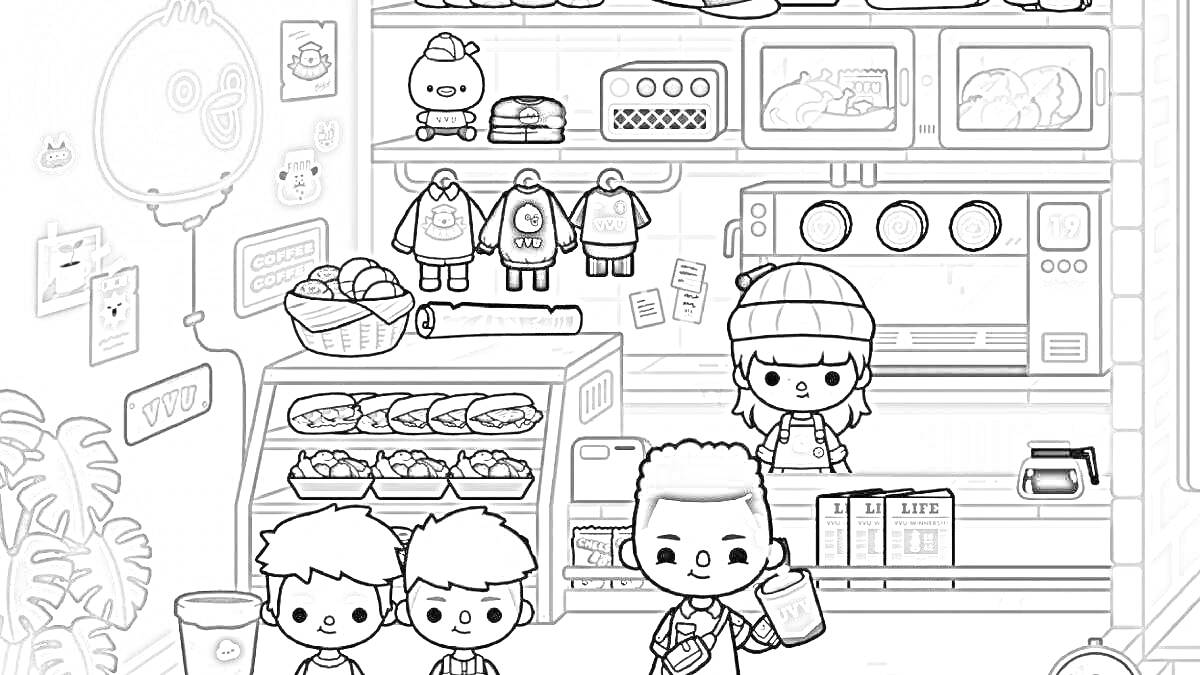 Раскраска Магазин с крампетами, прилавок, продавщица, покупатели, одежда, сэндвичи, растения, неоновая вывеска