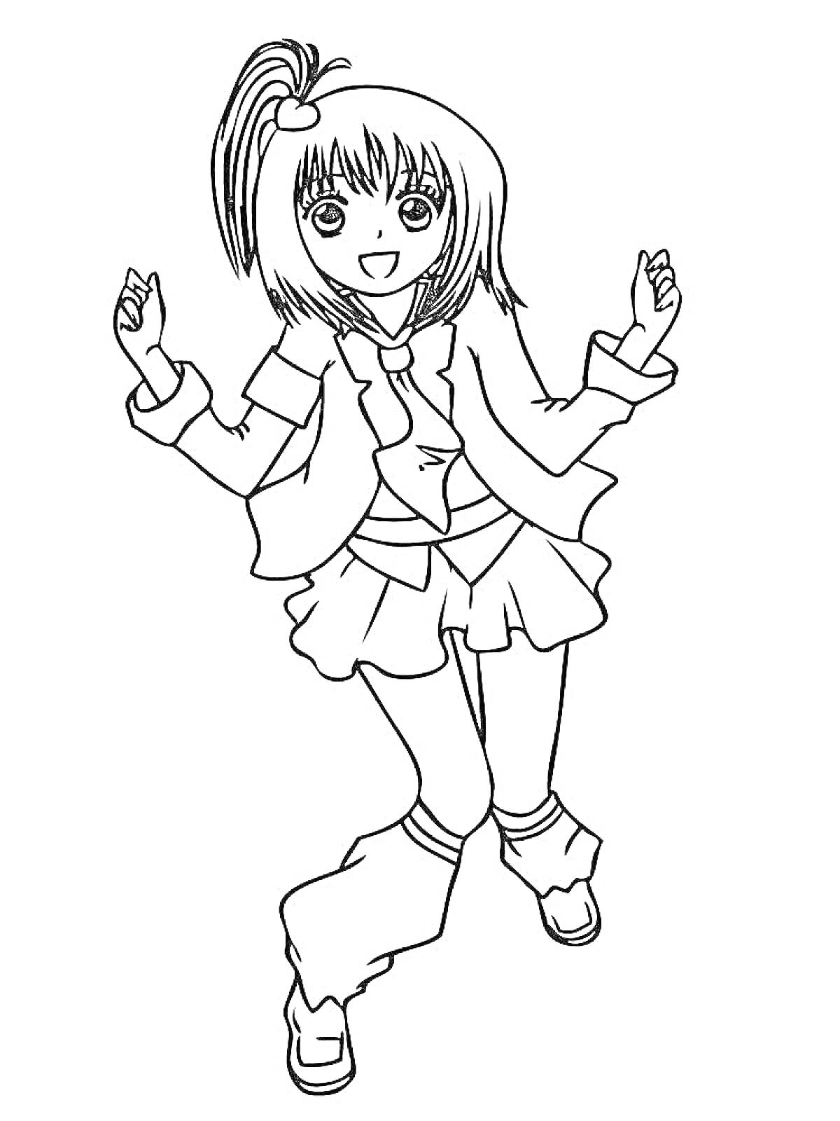 Раскраска Аниме девочка в школьной форме с поднятыми руками