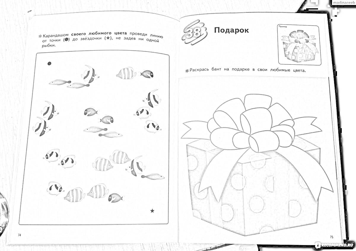 Раскраска Подарок с большим бантом и страницей с рыбками