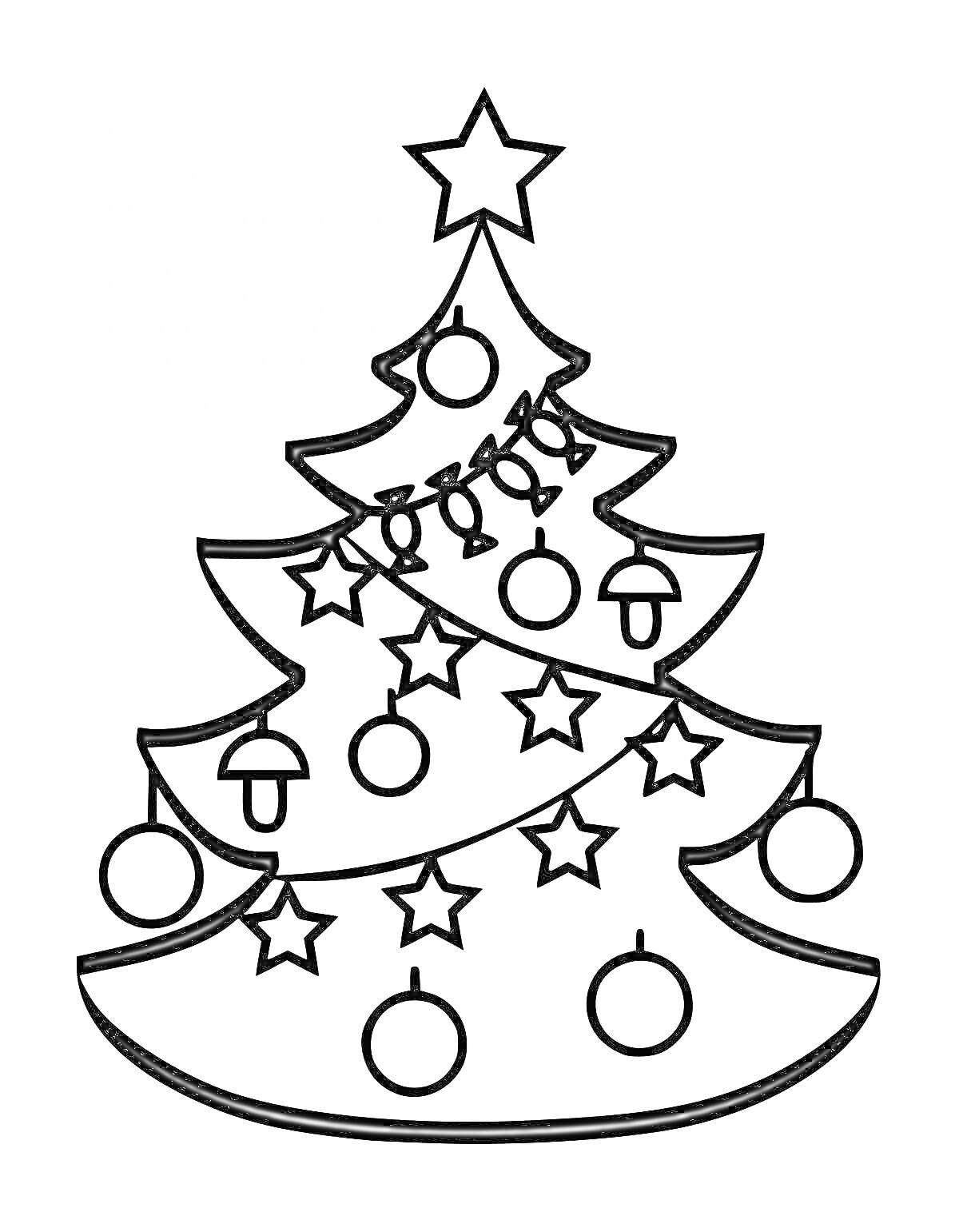 Раскраска Елка с звездой на макушке, украшенная гирляндой из лампочек, круглыми шарами и звездами