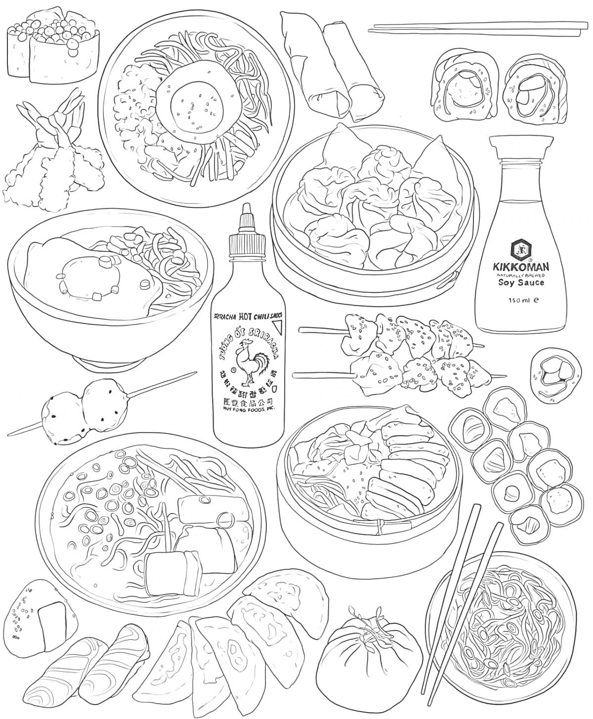 Раскраска различные блюда азиатской кухни с соевым соусом и соусом Шрирача, суши, димсамы, роллы, рамен, удон, спринг-роллы, пельмени и палочки для еды