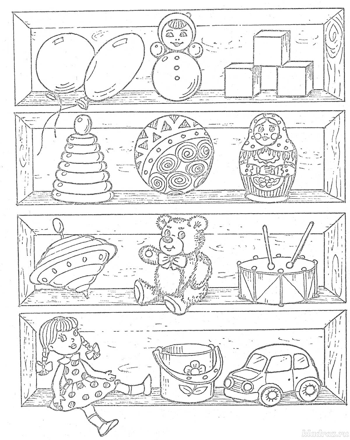 На раскраске изображено: Игрушки, Воздушные шары, Кубики, Матрёшка, Барабан, Кукла, Ведёрко, Средняя группа