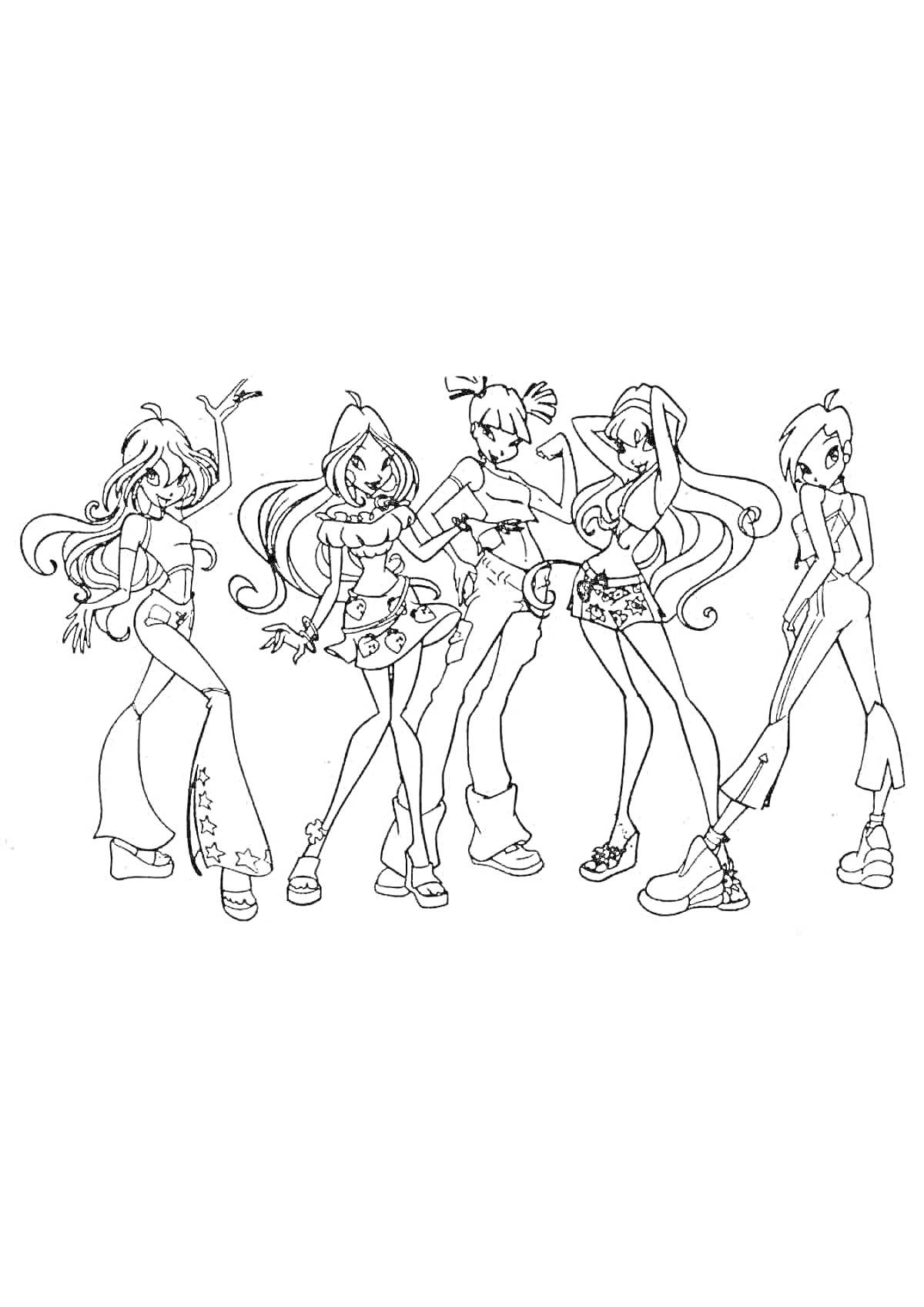 Раскраска Девушки из команды флоры, пять персонажей в стильной одежде