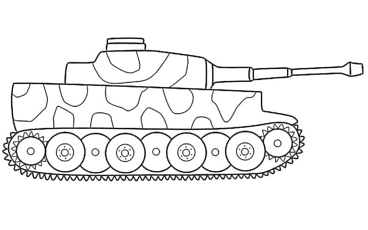 На раскраске изображено: Танк, Гусеницы, Орудие, Камуфляж, Для малышей, Военная техника