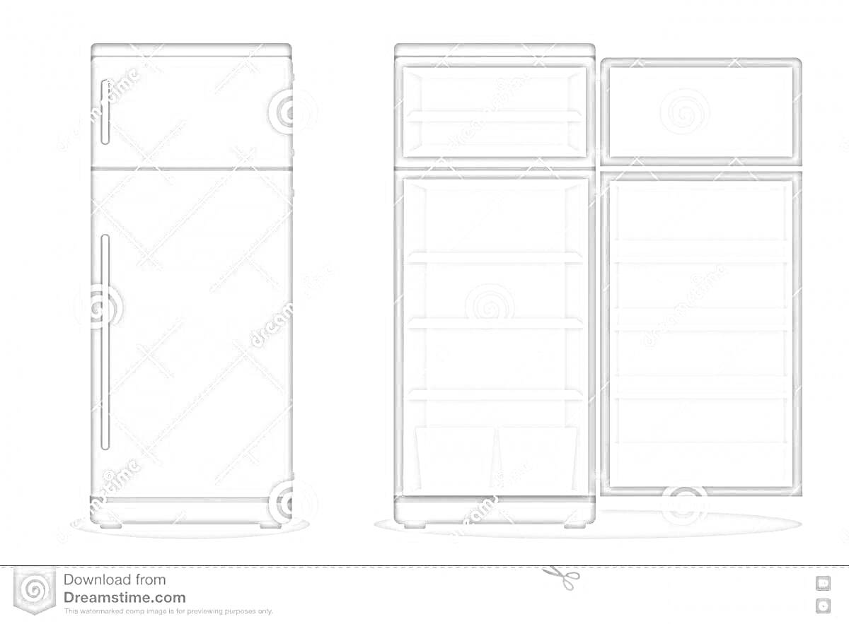 Раскраска Пустой двухдверный холодильник с открытой дверью и тремя пустыми полками
