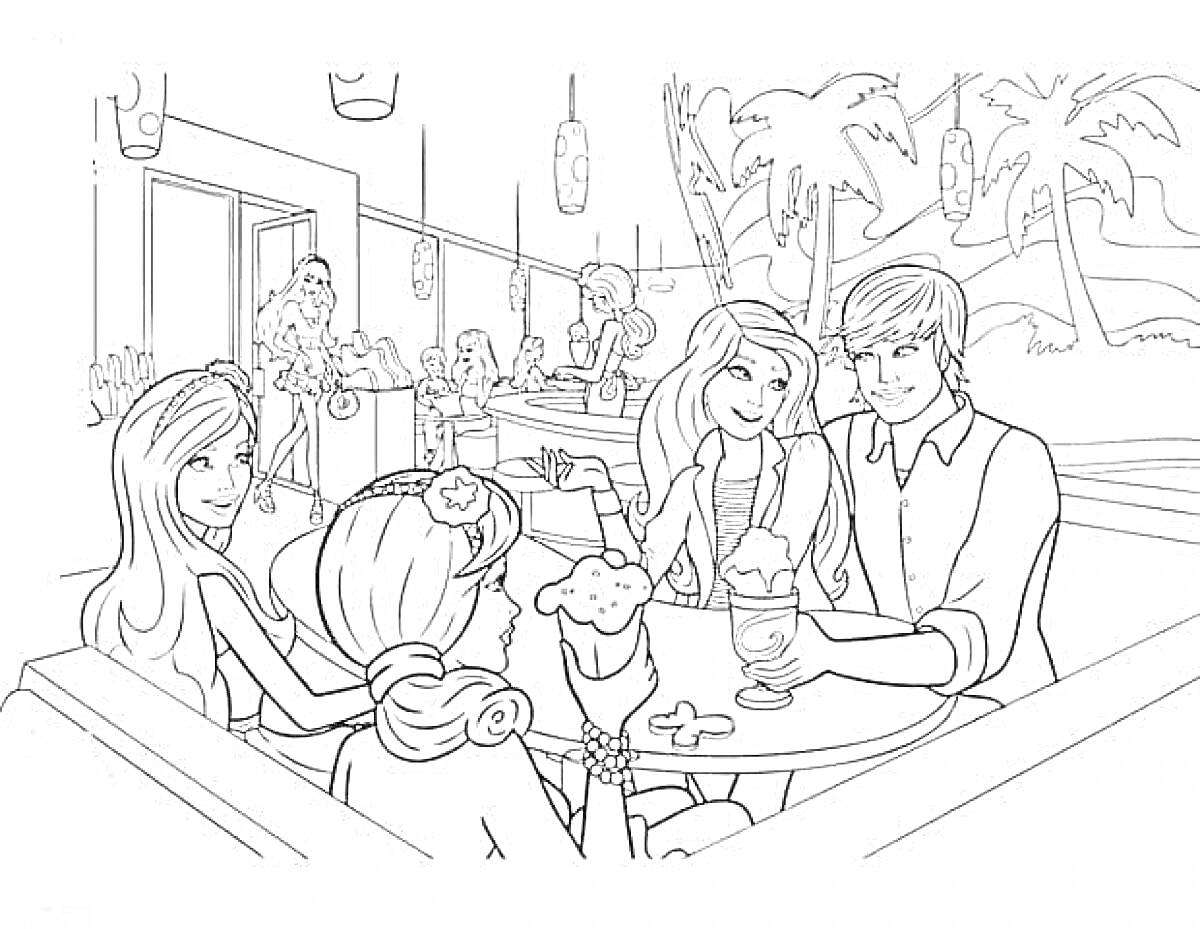 На раскраске изображено: Барби, Кен, Кафе, Друзья, Мороженое, Цветы, Пальмы