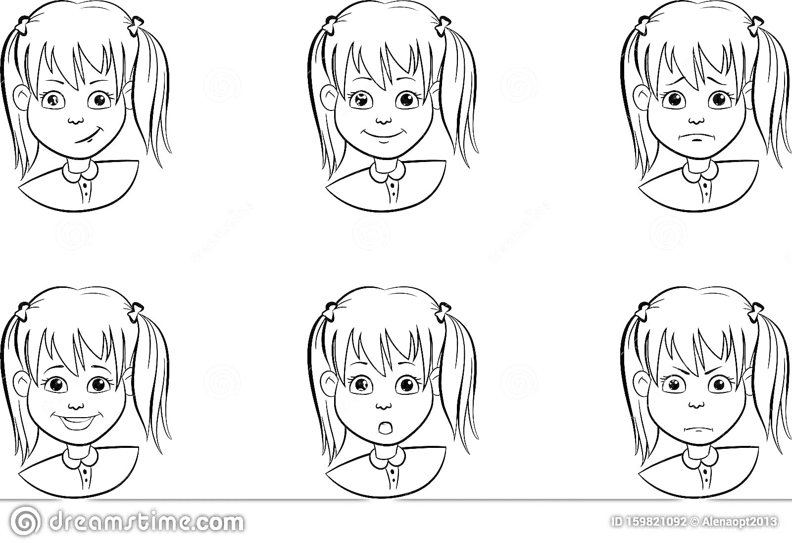 Раскраска Девочка с двумя хвостиками, показывающая разные эмоции (радость, нейтральное выражение лица, грусть, смущение, удивление, страх)