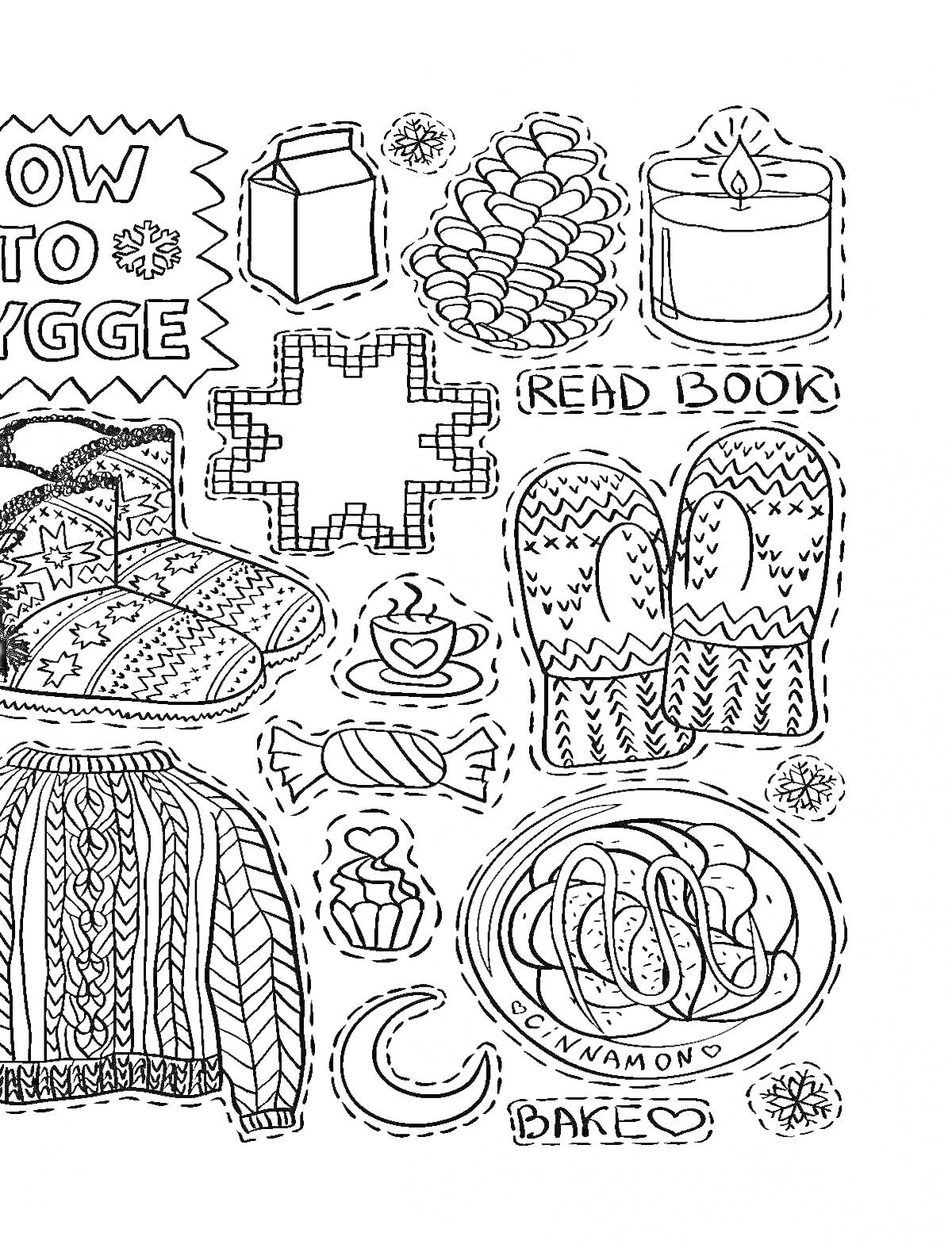 Раскраска Как создать хюгге: свитер, варежки, тапочки, кружка с напитком, плюшки, свеча, книга, молоко, конфета, крест-накрест декор, сладкий пирог с надписью 