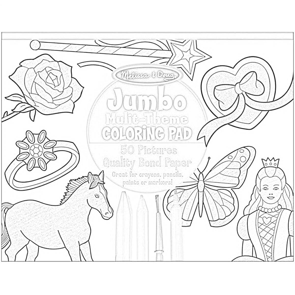 Раскраска Jumbo Multi-Theme Coloring Pad. Изображены: цветок, роза, кольцо с камнем, лошадь, три карандаша, бабочка, девушка в платье и короне, бантик с сердцем, звезда.