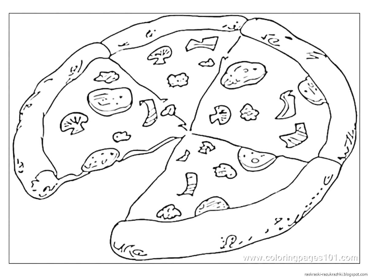 На раскраске изображено: Пицца, Колбаса, Грибы, Оливки, Сыр, Еда