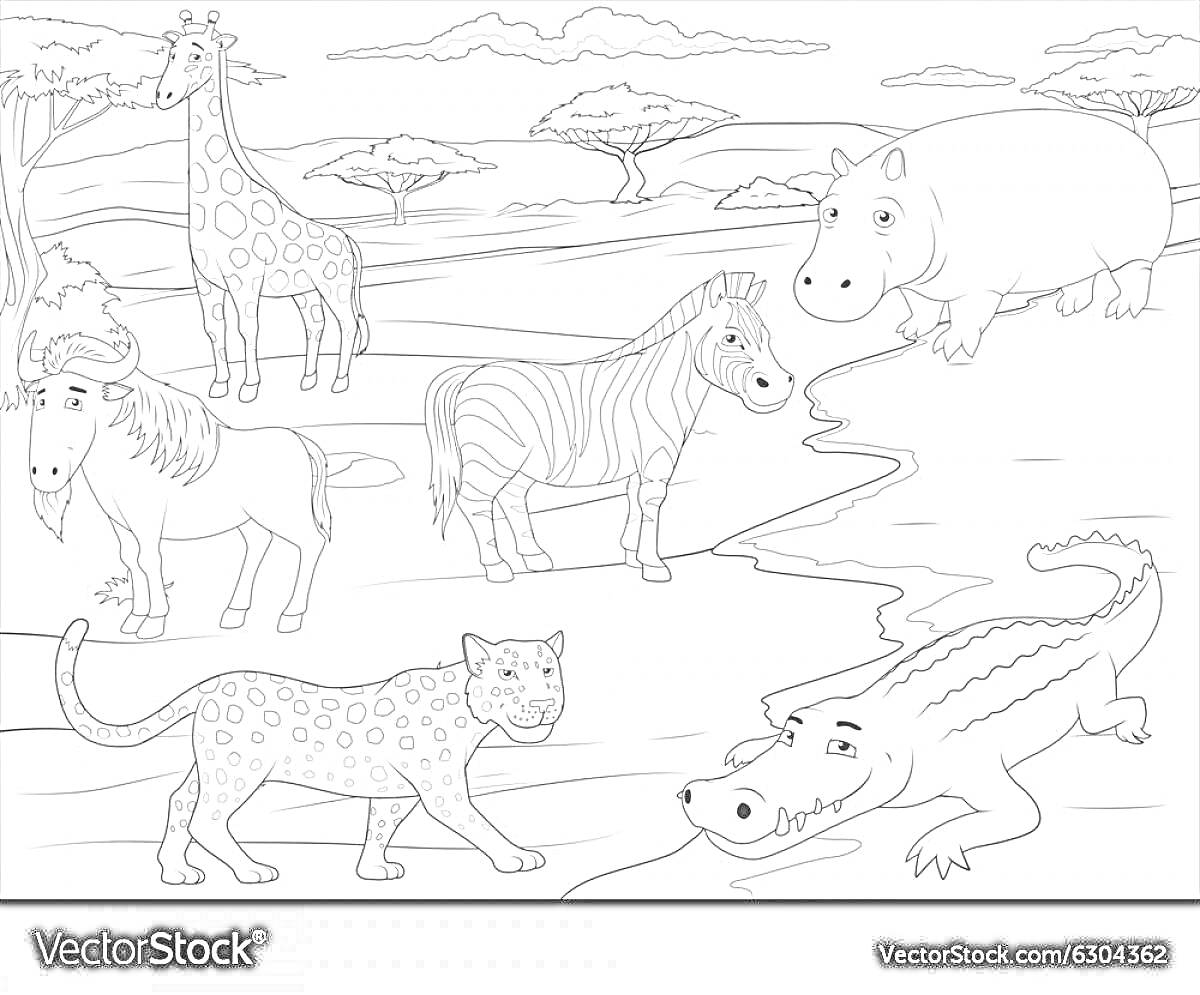 На раскраске изображено: Животные, Африка, Бегемот, Леопард, Крокодил, Природа, Саванна, Акация, Обучение, Творчество, Дошкольники, 5-7 лет