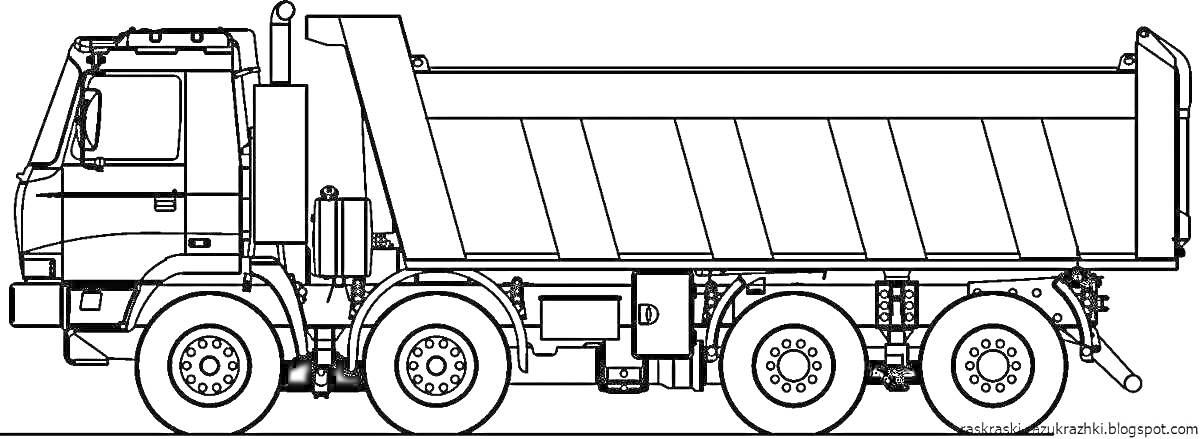 РаскраскаКамаз-самосвал с шестью колесами и кабиной, боковой вид