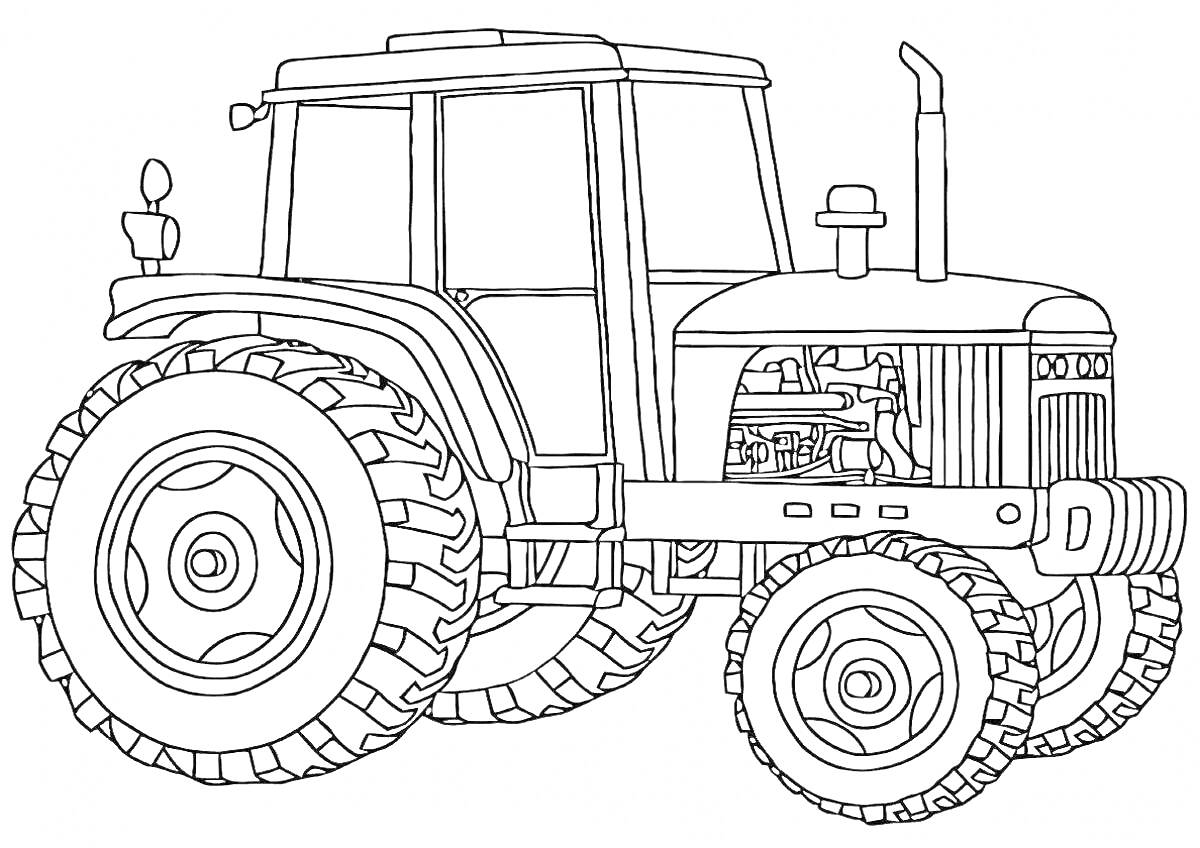 Раскраска Трактор с большими колесами и кабиной для водителя