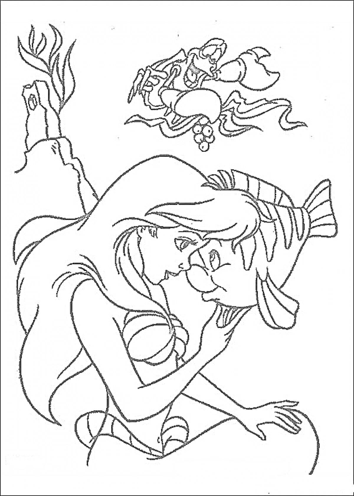 Раскраска Ариэль с рыбкой Флаундером и крабом Себастьяном, морские водоросли и утес