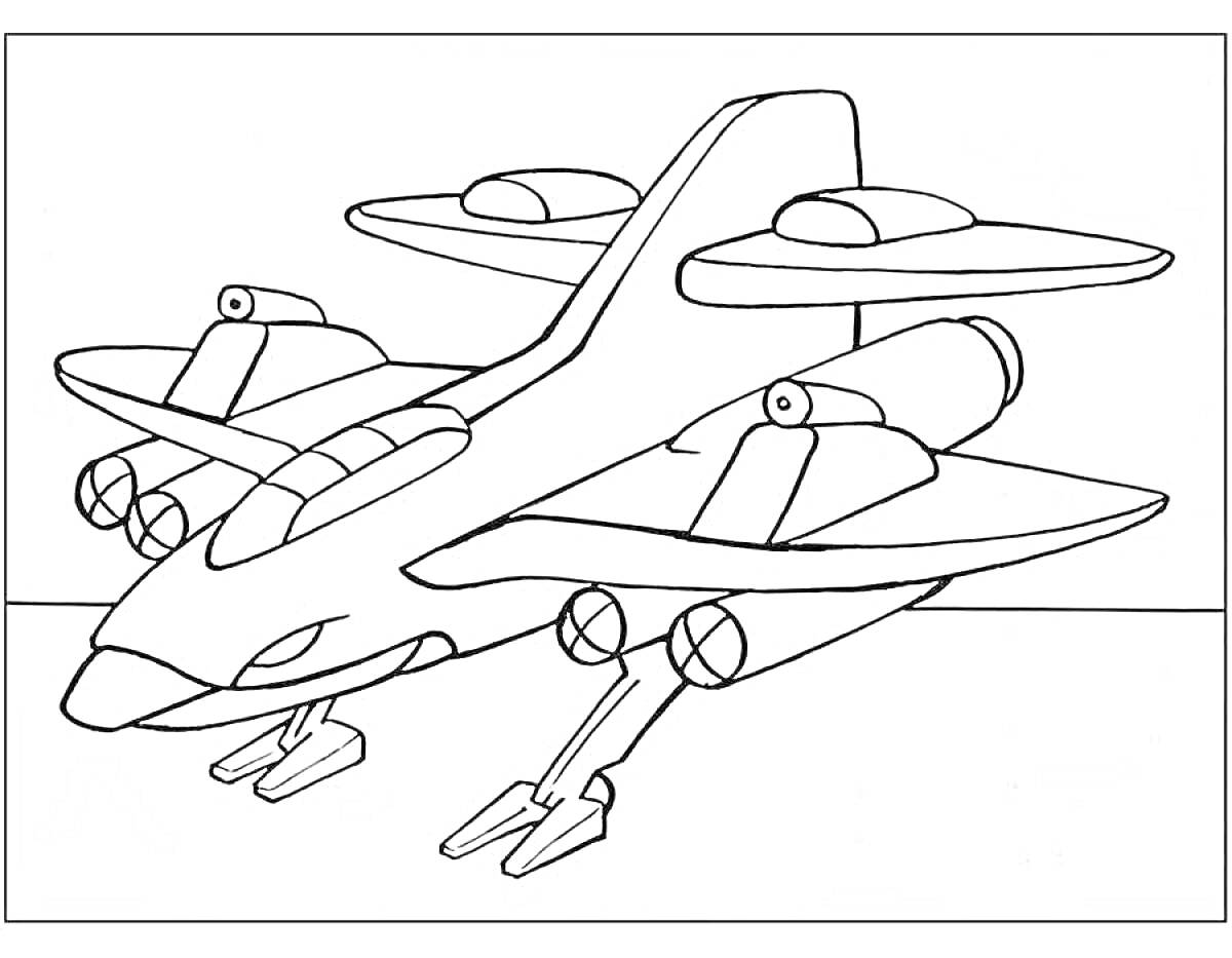 Раскраска Военный самолет с турбинами, крыльями и шасси