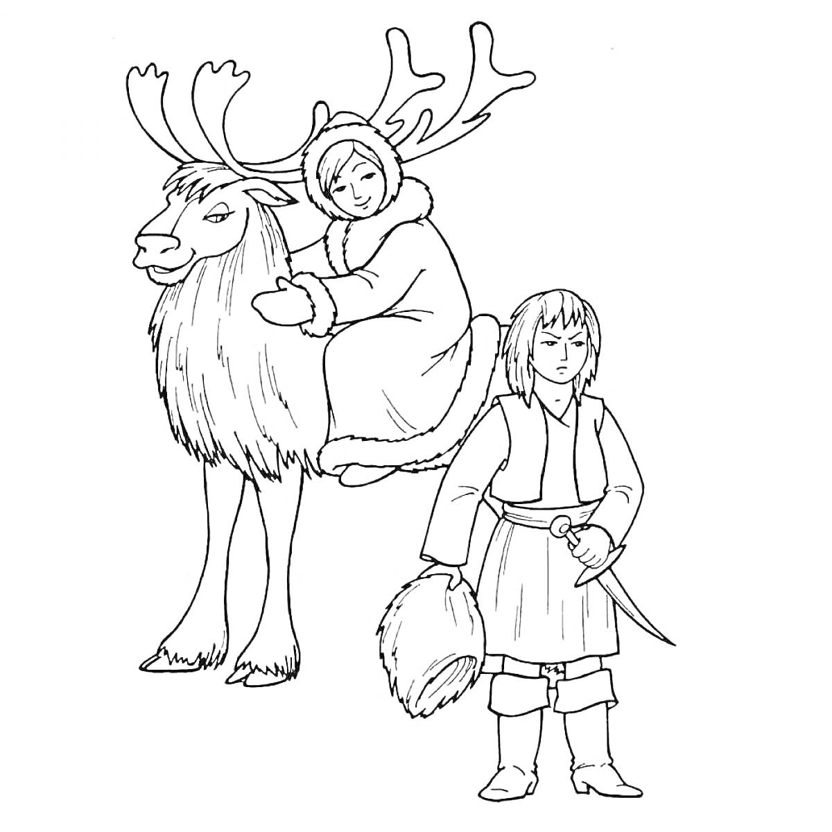 На раскраске изображено: Снежная королева, Девочка, Мальчик, Олень, Меховая шапка, Зимняя сказка