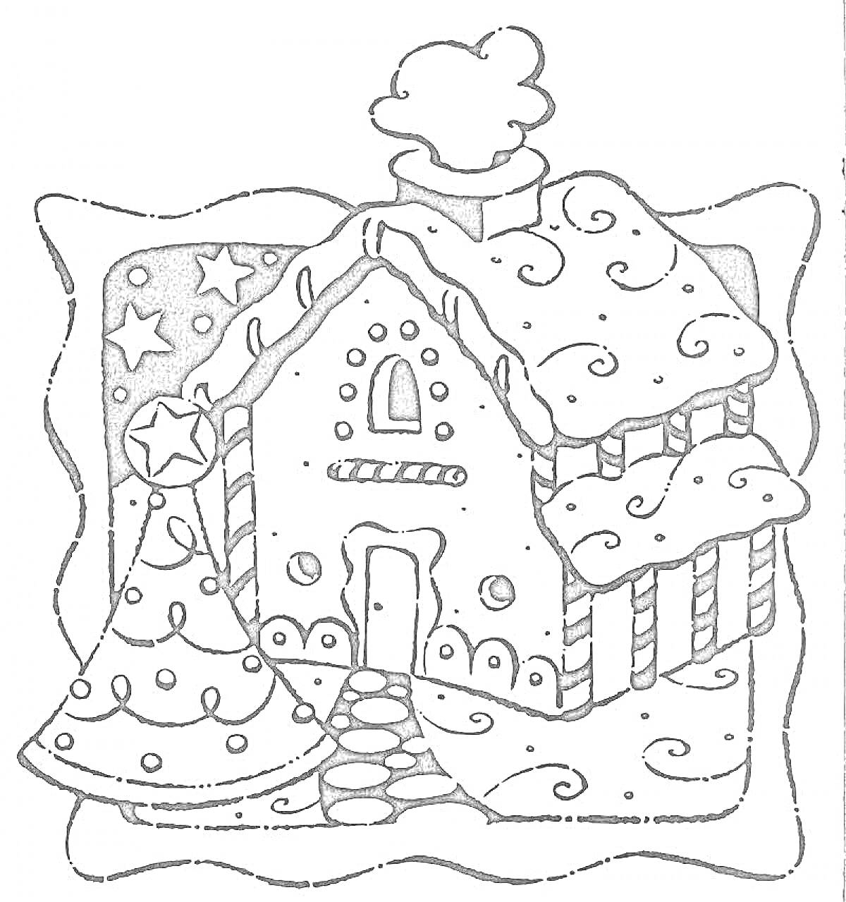 Раскраска Пряничный домик с рождественской елкой, леденцом, звездами и снежинками