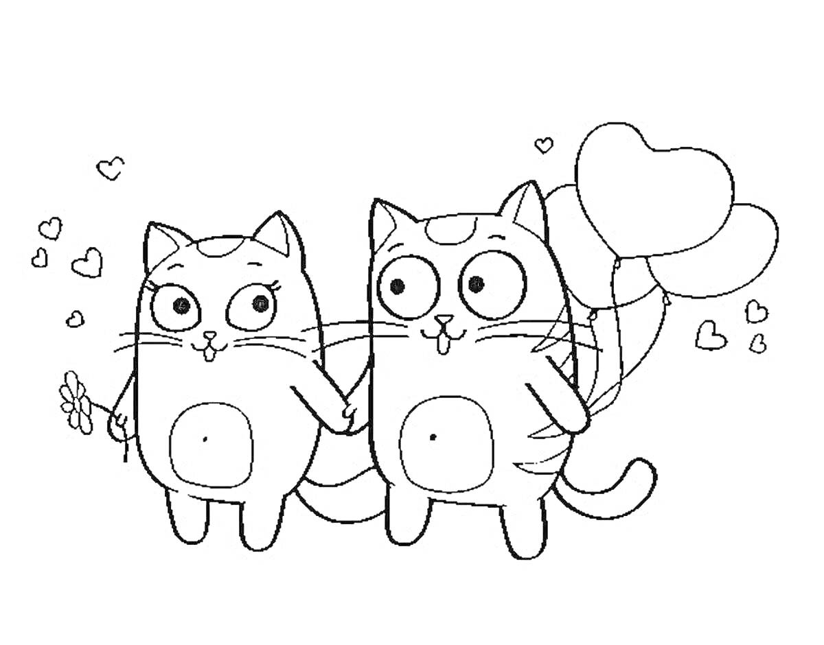 Раскраска Парочка милых котиков с воздушными шарами в форме сердец и цветами, окруженная сердечками